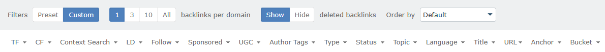 Screenshot of a Majestic Link Context Filtering and Sorting Panel