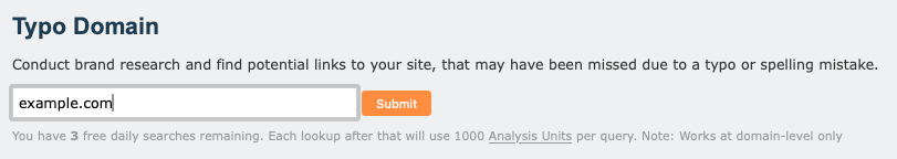 Majestic Typo Domain tool interface with domain input field showing 'example.com' and Submit button, displaying three free daily searches with 1000 Analysis Units per query at domain-level only
